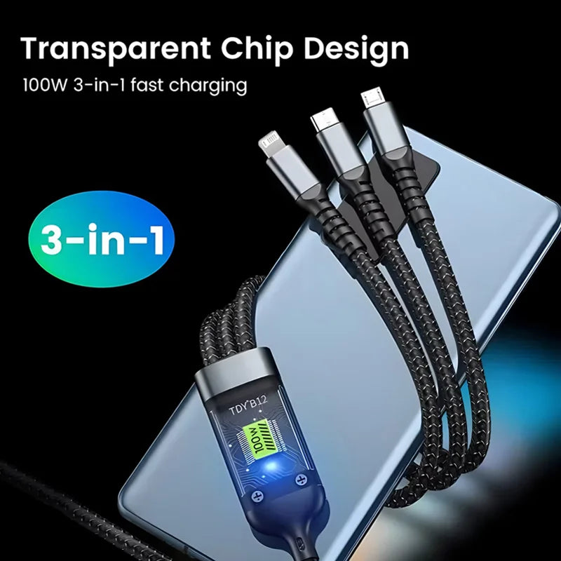 3-n-1 Super Fast Charging Cable for Type C, Iphone, Samsung Android