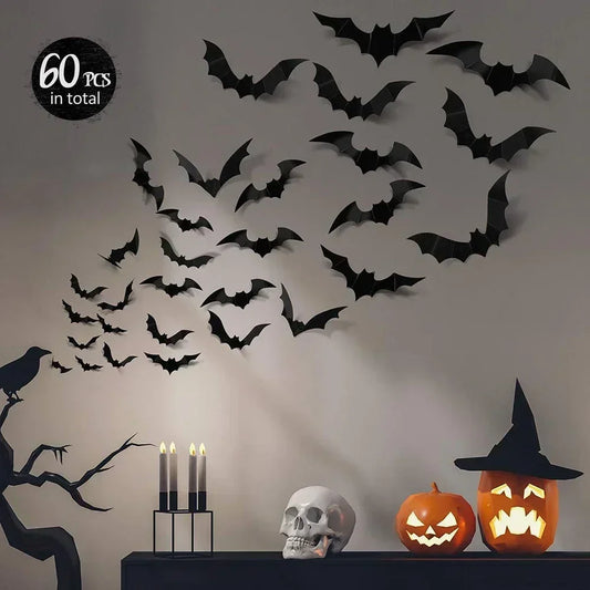 3D Bat Wall Stickers - 60pcs for Halloween Decoration