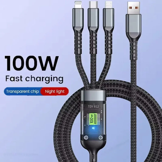 3-n-1 Super Fast Charging Cable for Type C, Iphone, Samsung Android